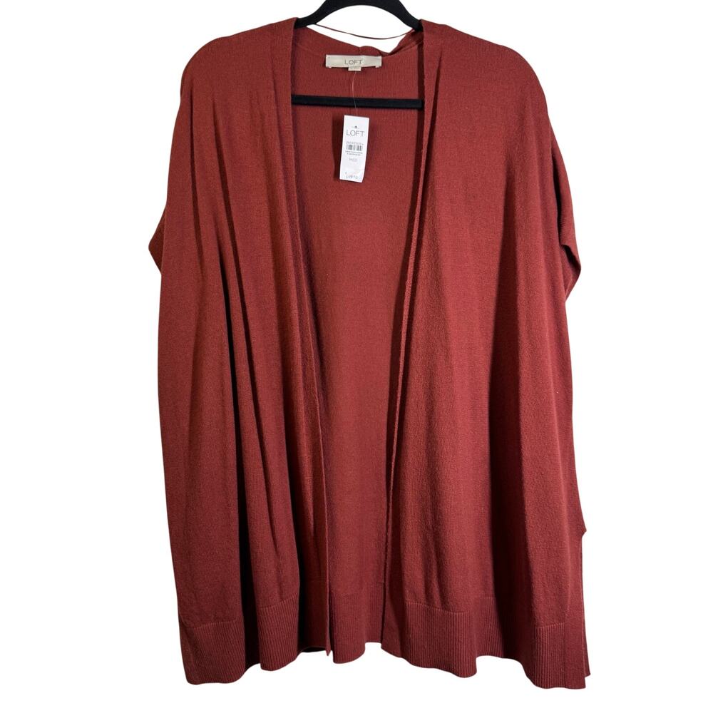 LOFT Cardigan Sweater Medium Oversized Ribbed Knit Tunic Cap Sleeve Cinnamon NWT